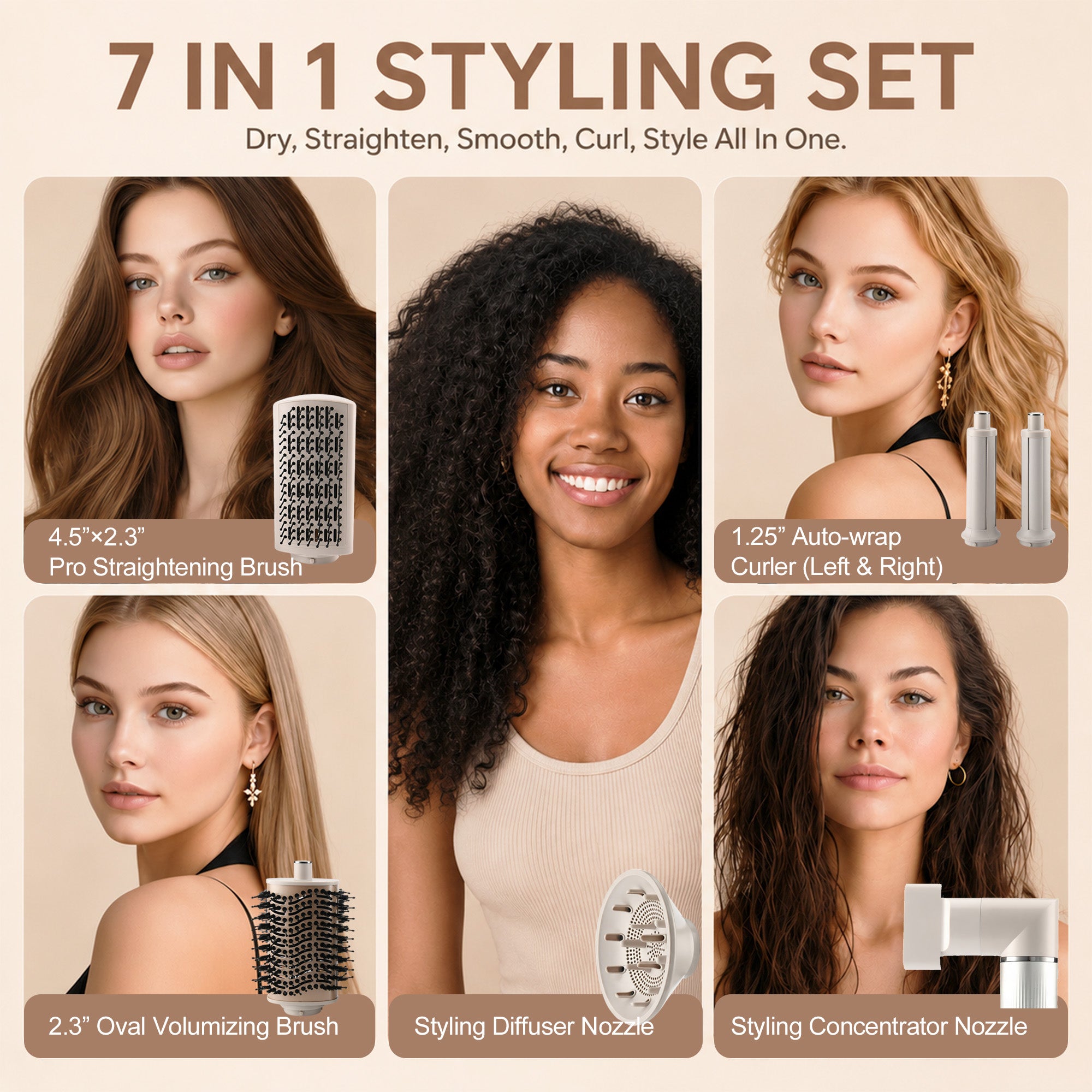 7-in-1 Multi-Function Pale Gold Hair Styling Set PRITECH BEAUTY CARE