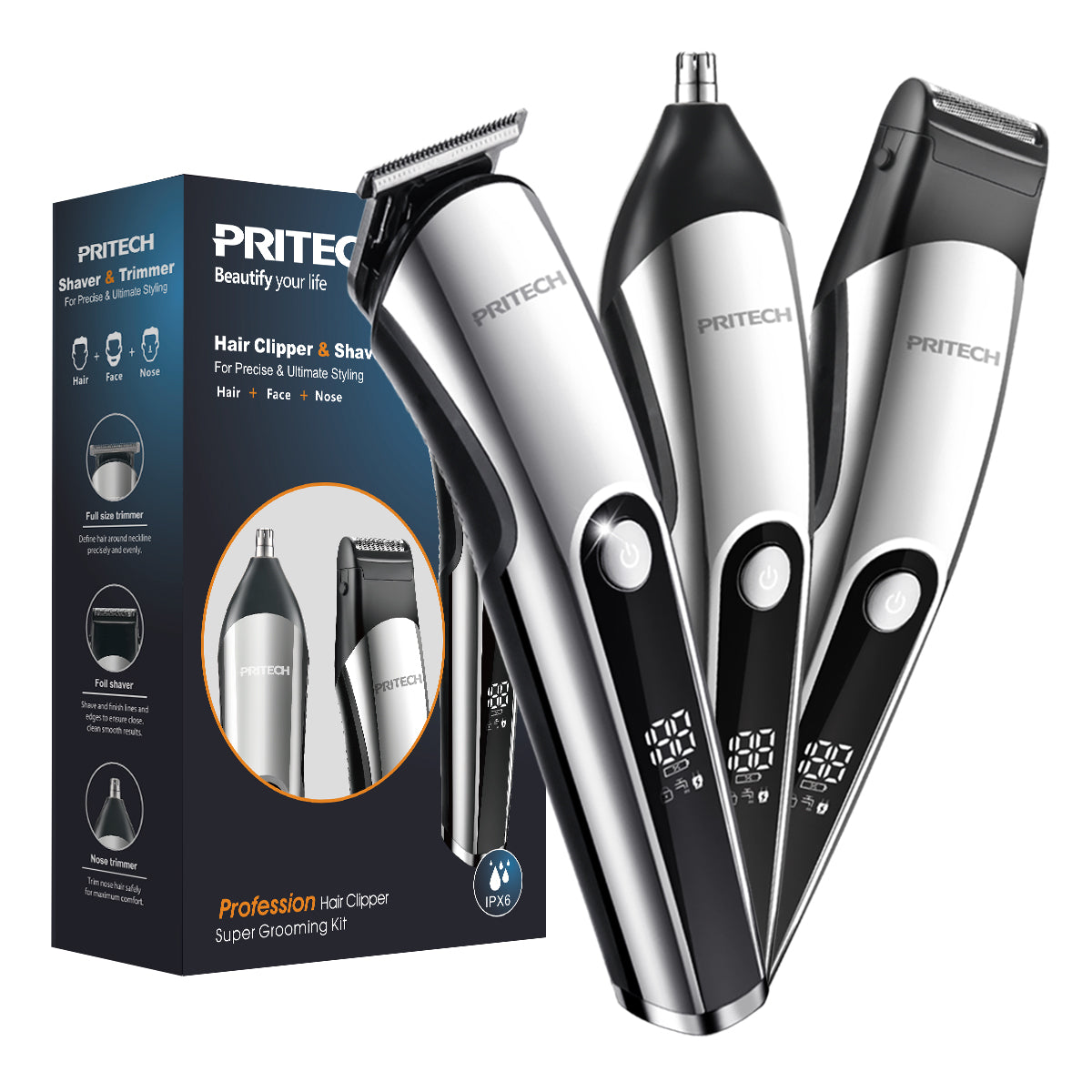 PRITECH Beard Trimmer for Men, 3 in 1 Hair Clippers for Men Kit, Nose,Ear,Micro Electric Shaver, Mens Grooming Set Cordless with LED Display IPX6 Waterproof (Silver)