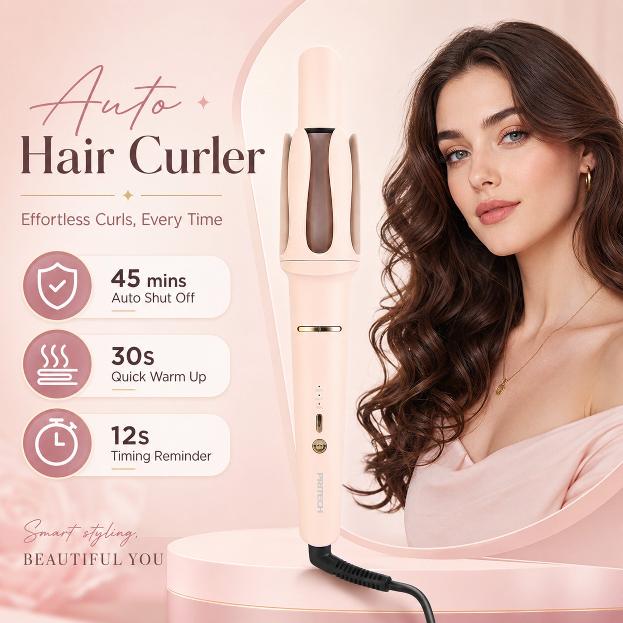 Automatic Hair Curler with 3 Temperatures and Ionic Barrel