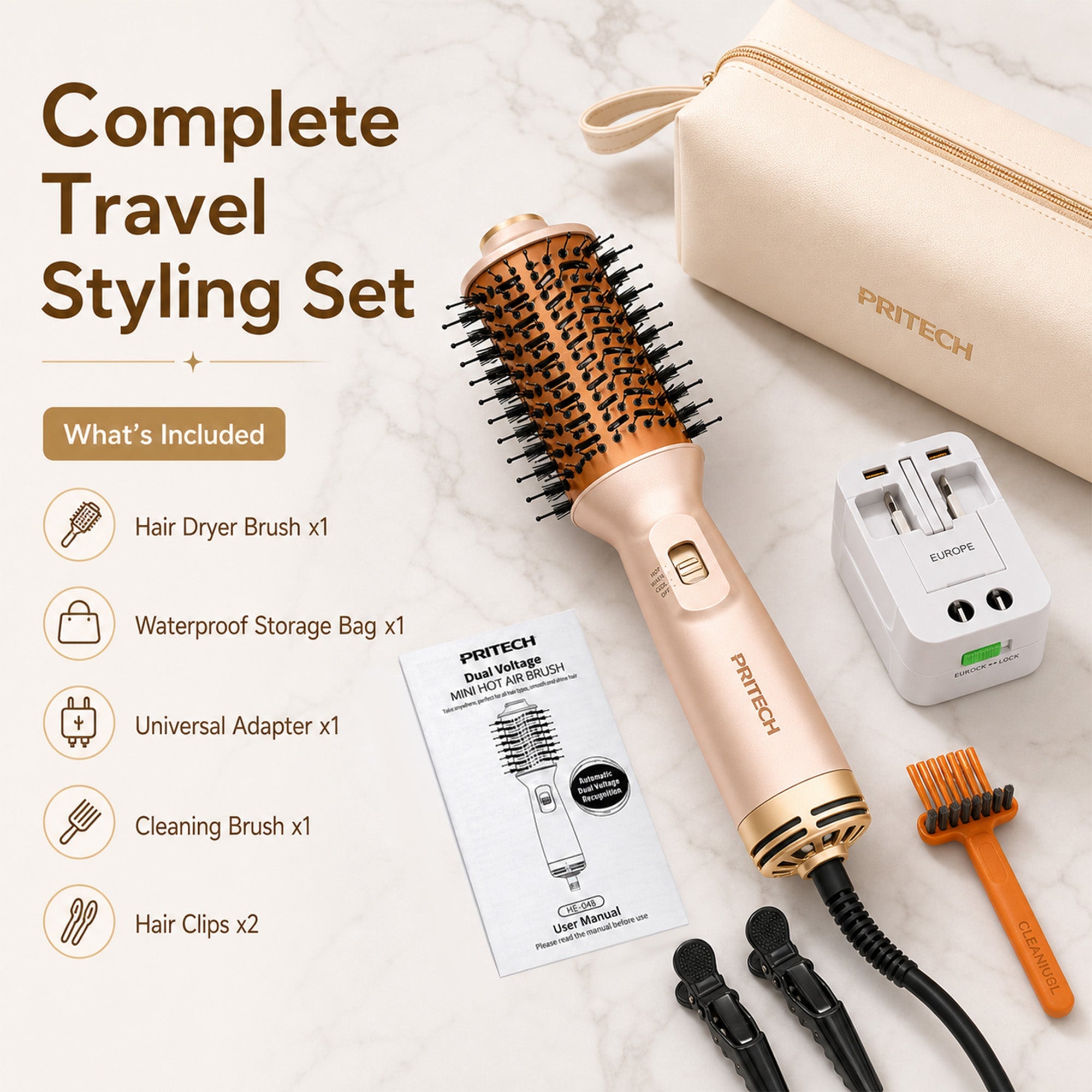 Gold 4-in-1 Travel Hair Dryer Brush