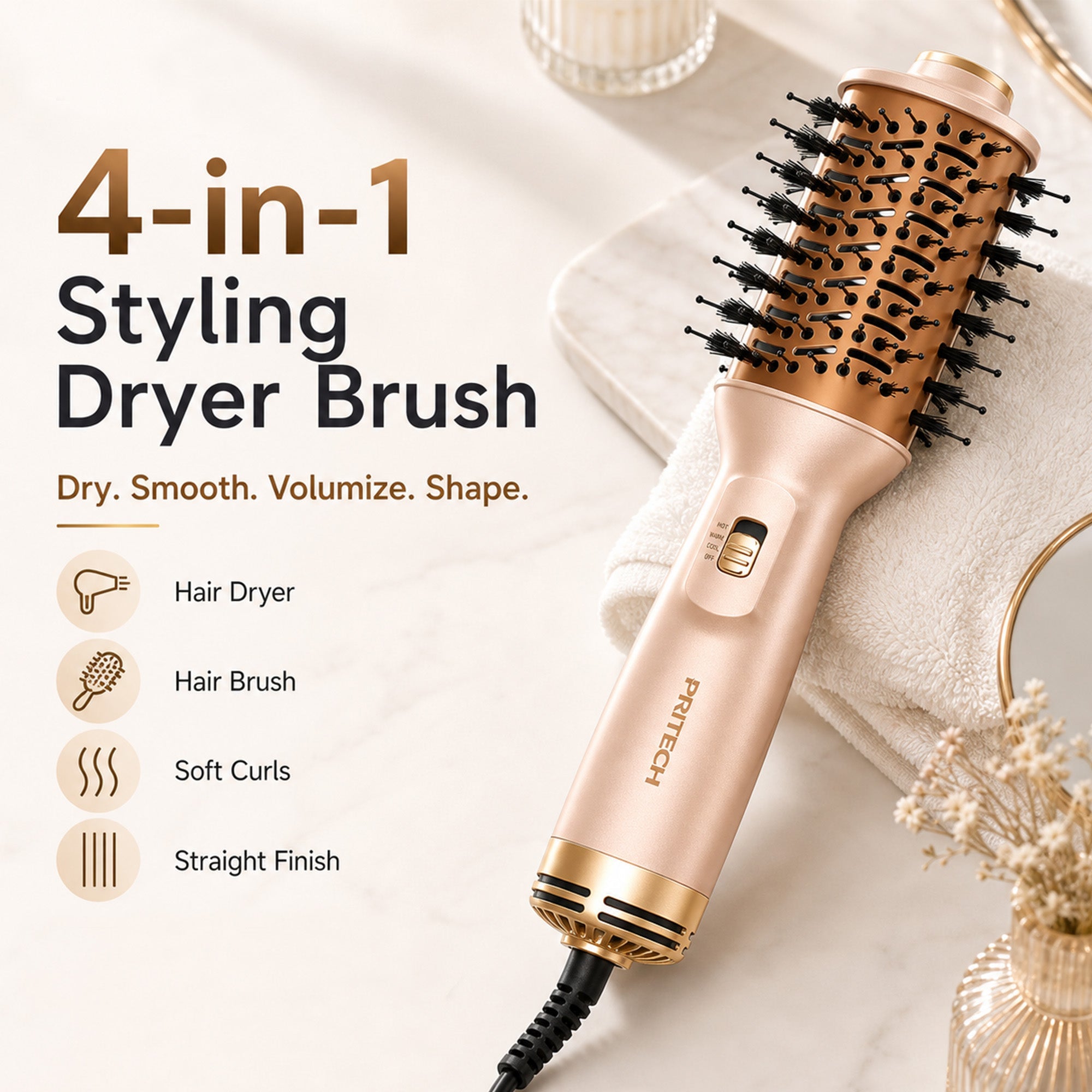 Gold 4-in-1 Travel Hair Dryer Brush