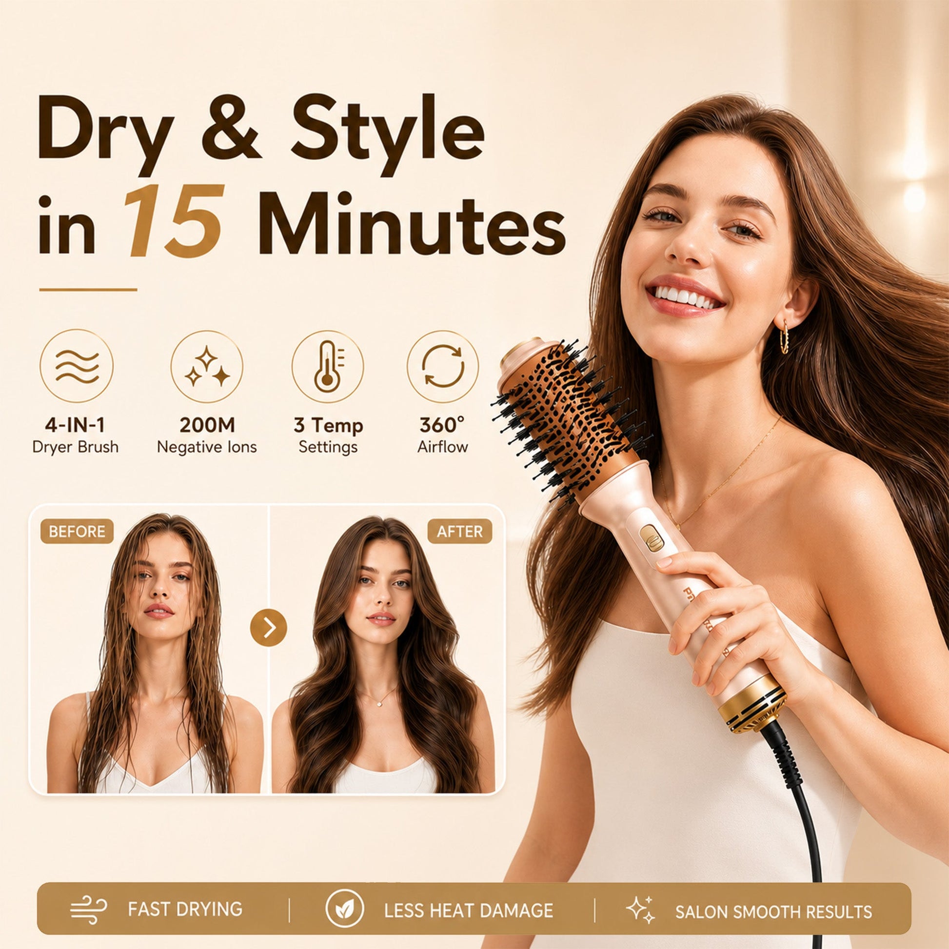 Gold 4-in-1 Travel Hair Dryer Brush
