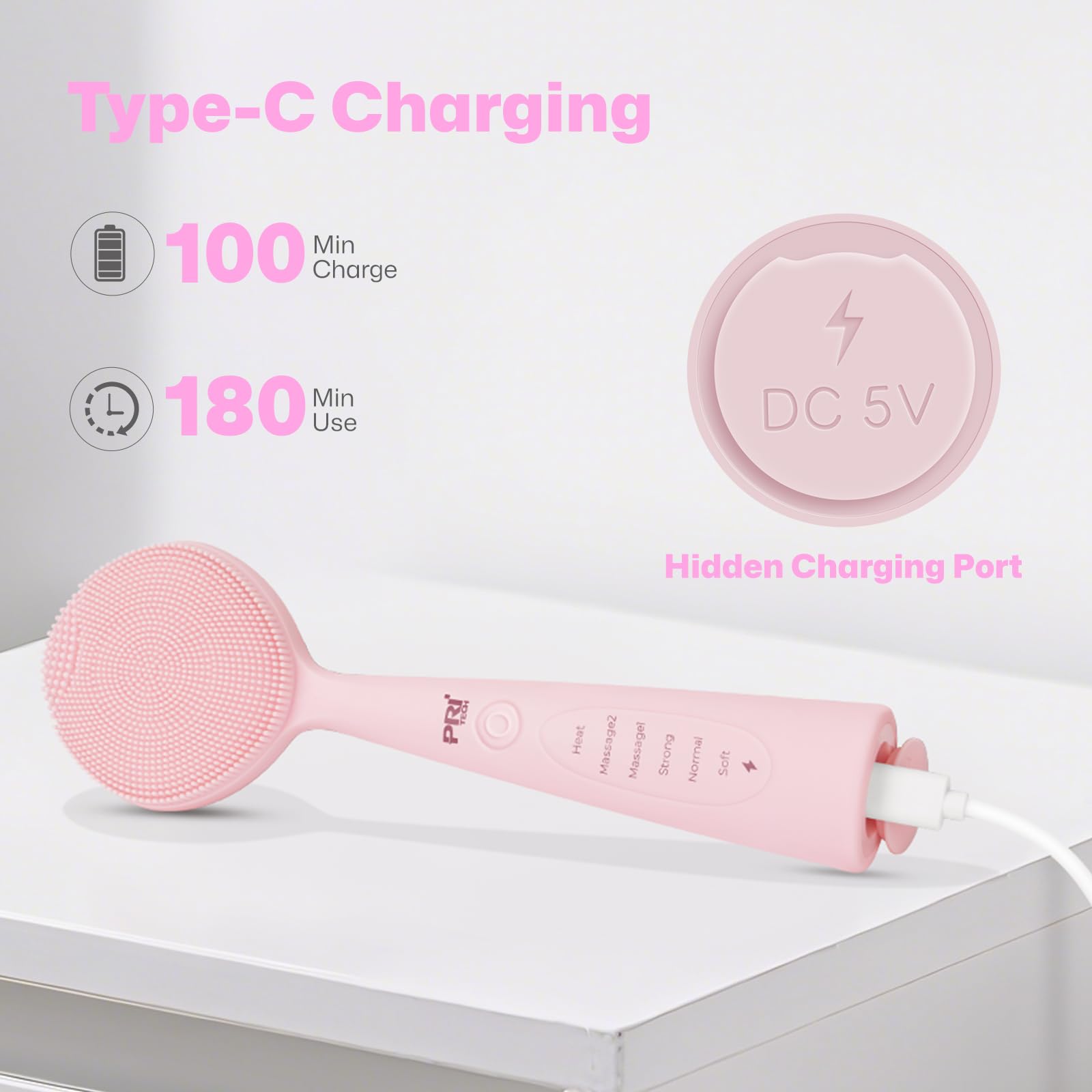 Heated Silicone Facial Cleansing Brush with 5 Vibration Levels