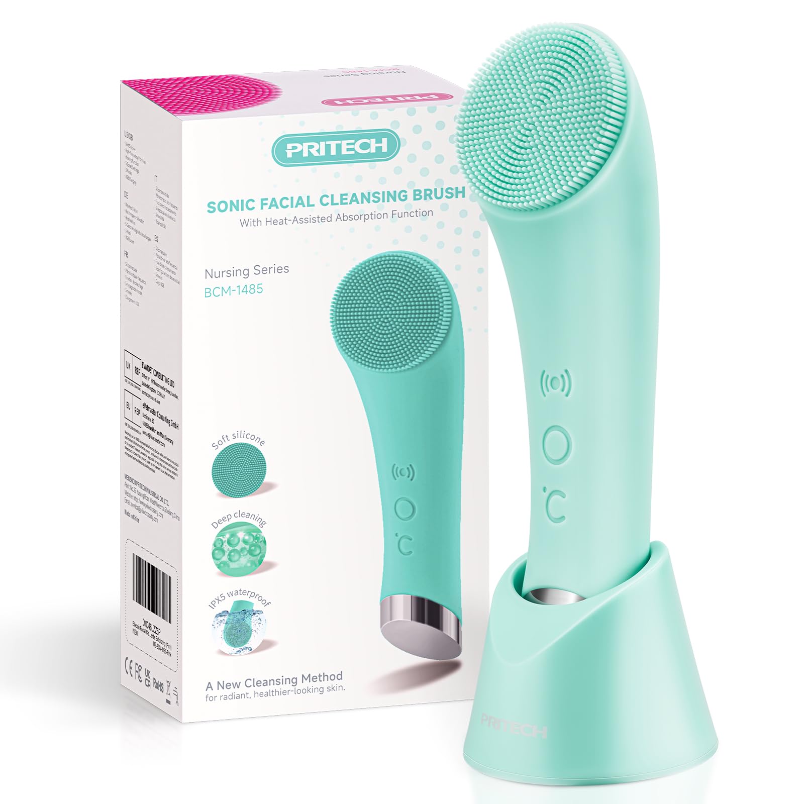 PRITECH Silicone Face Scrubber, Rechargeable Facial Cleansing Brush with Heat Massage End, Vibrating Exfoliator Scrubber for Deep Cleaning, Waterproof Face Brush for Women and Men (Green) PRITECH BEAUTY CARE