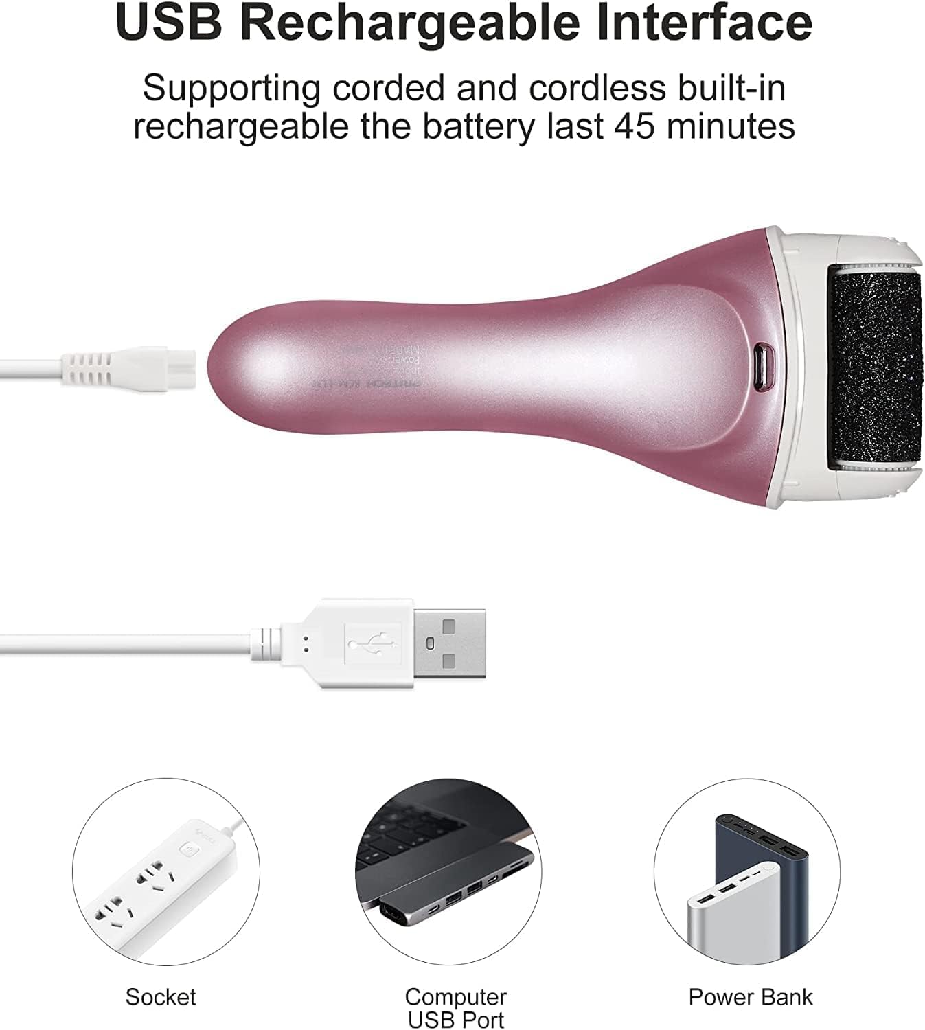 Pink Cordless Electric Foot Callus Remover Set, With 3 Rollers & Dual Speed