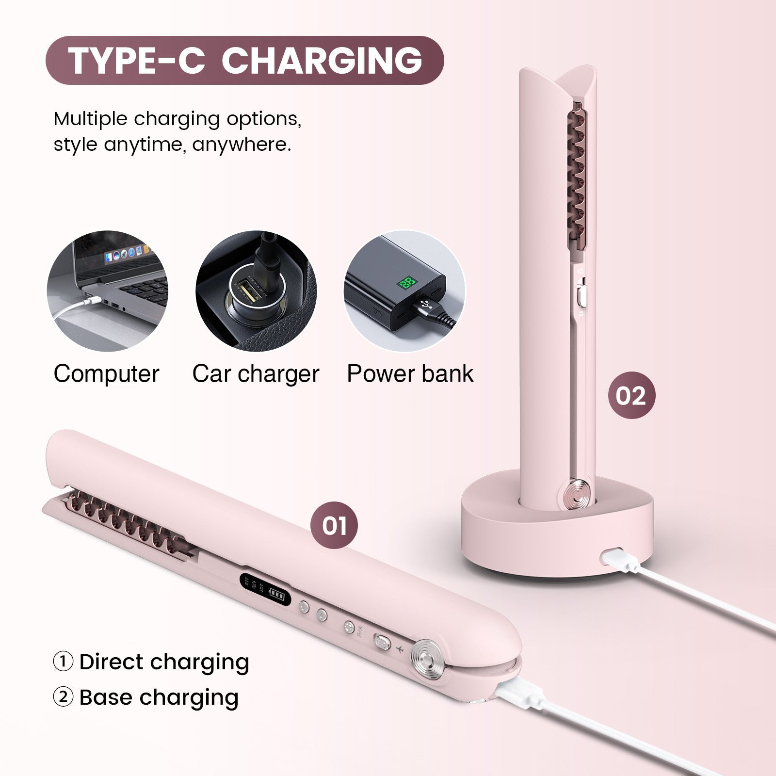 Portable Mini Hair Straightener Wireless in Blush Peach