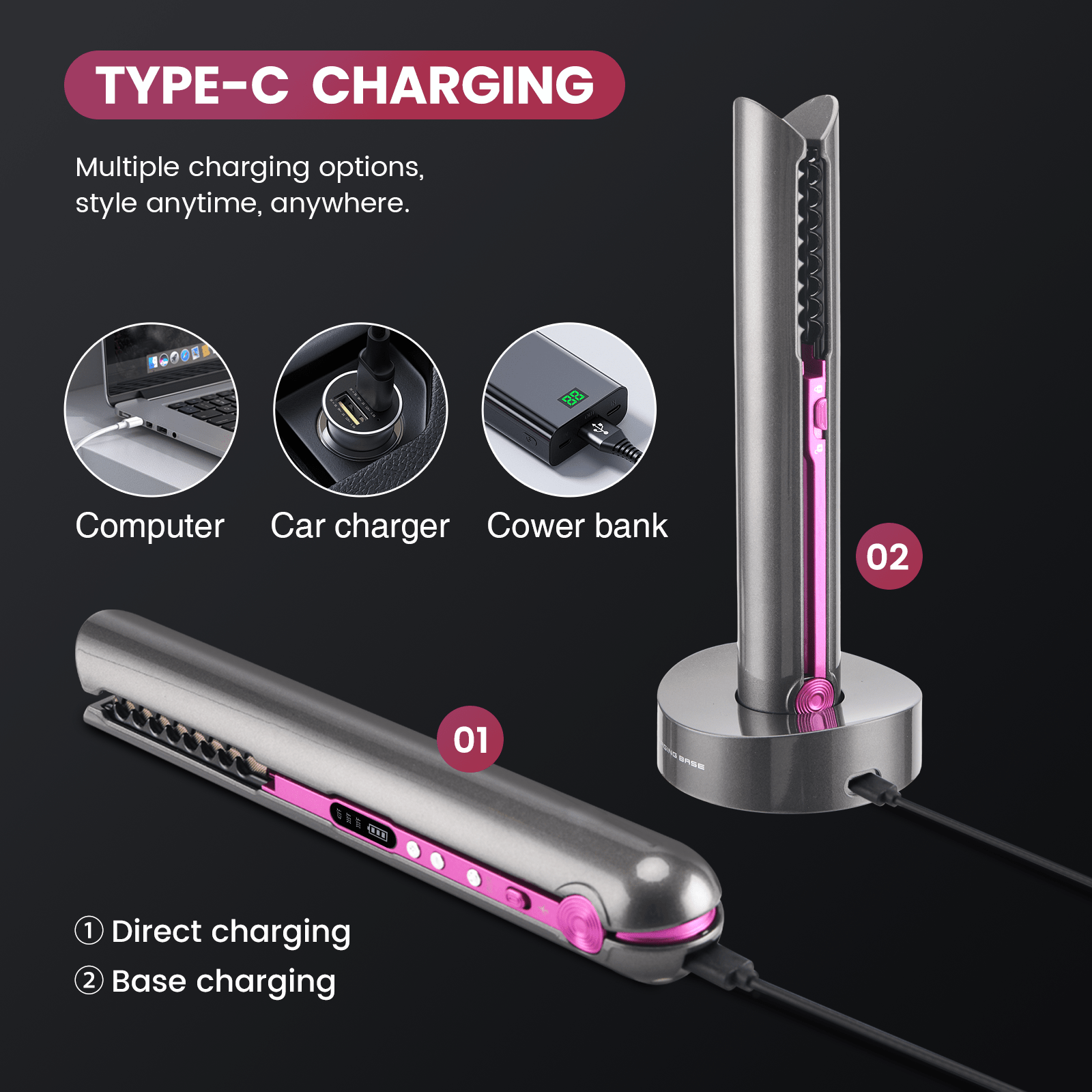 Portable Mini Hair Straightener Wireless in Charcoal