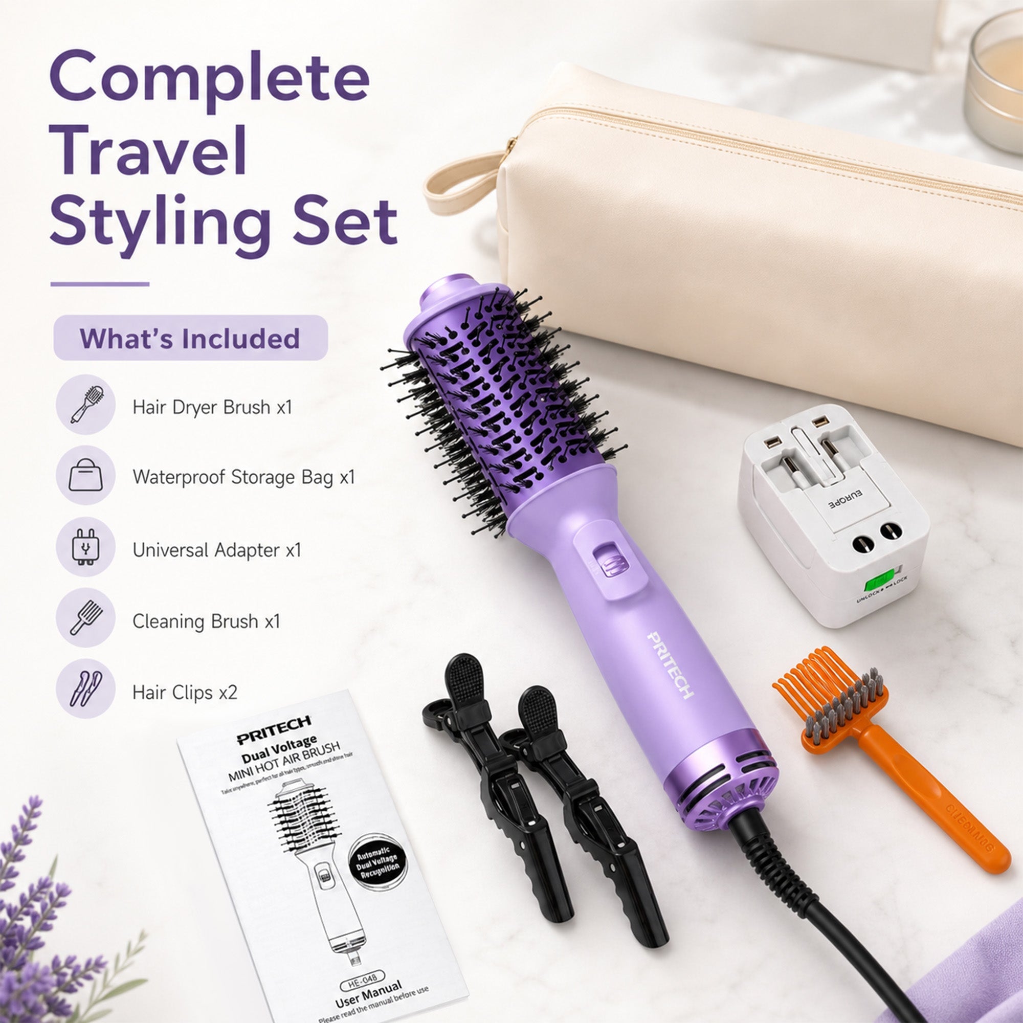 Purple 4-in-1 Travel Hair Dryer Brush