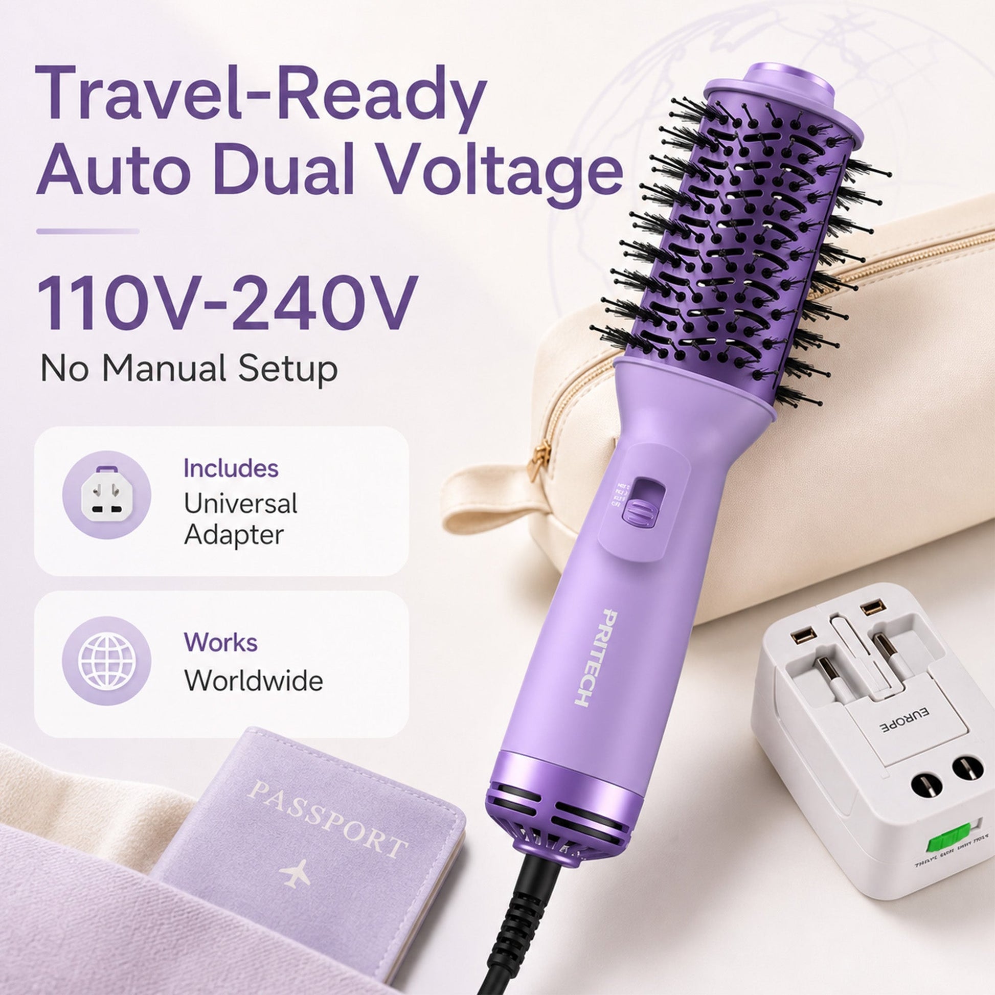 Purple 4-in-1 Travel Hair Dryer Brush