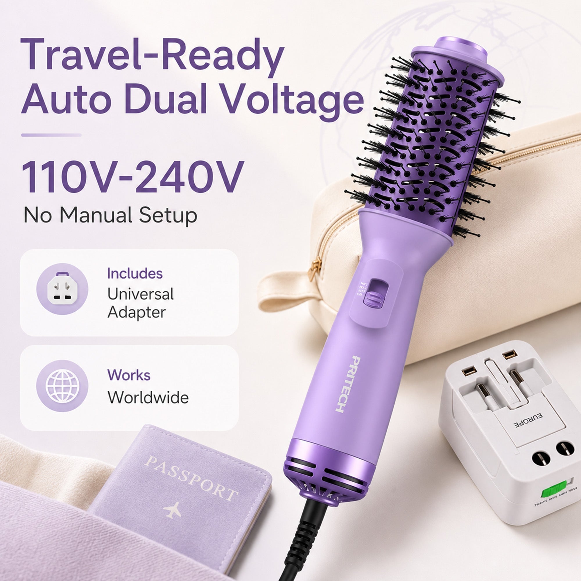 Purple 4-in-1 Travel Hair Dryer Brush