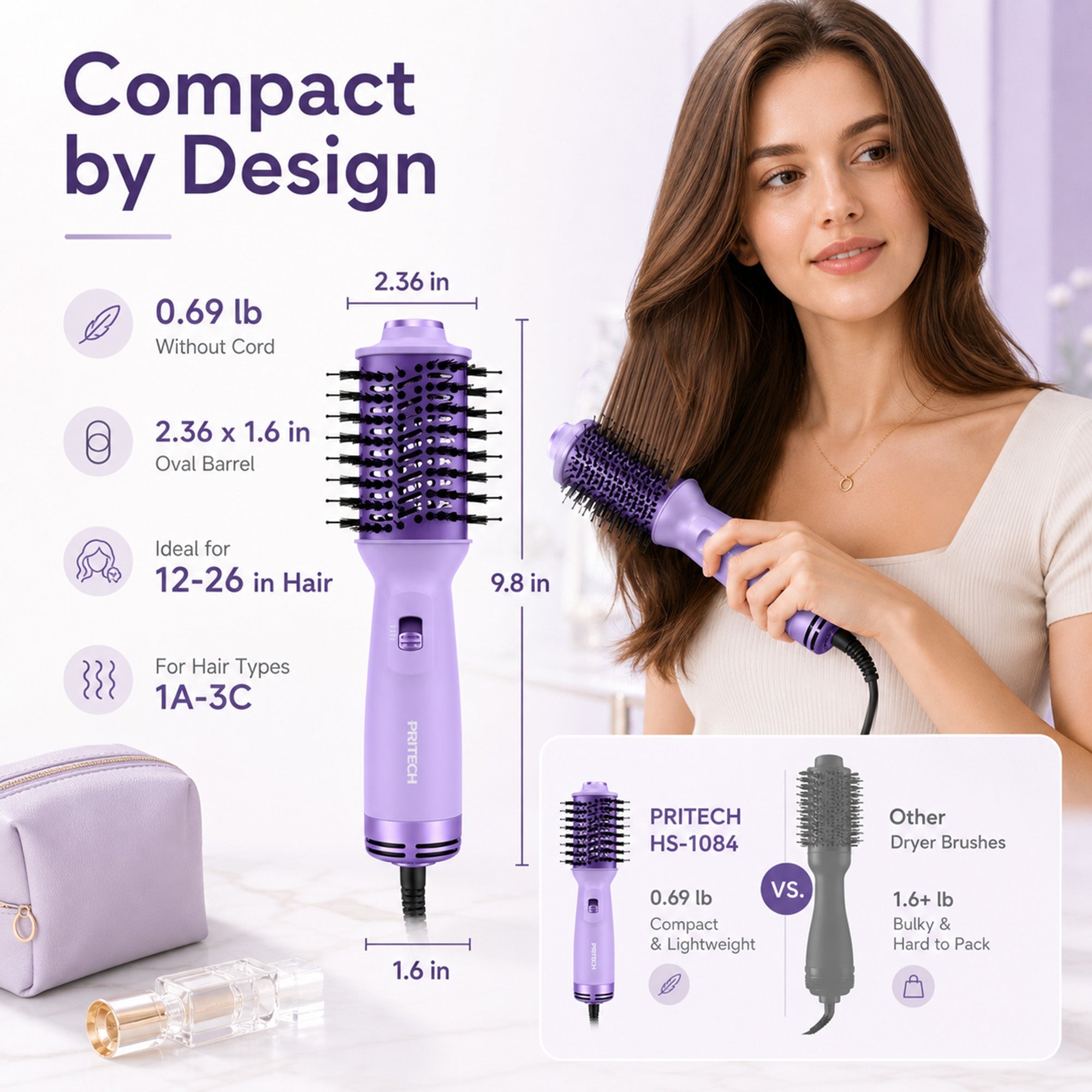 Purple 4-in-1 Travel Hair Dryer Brush