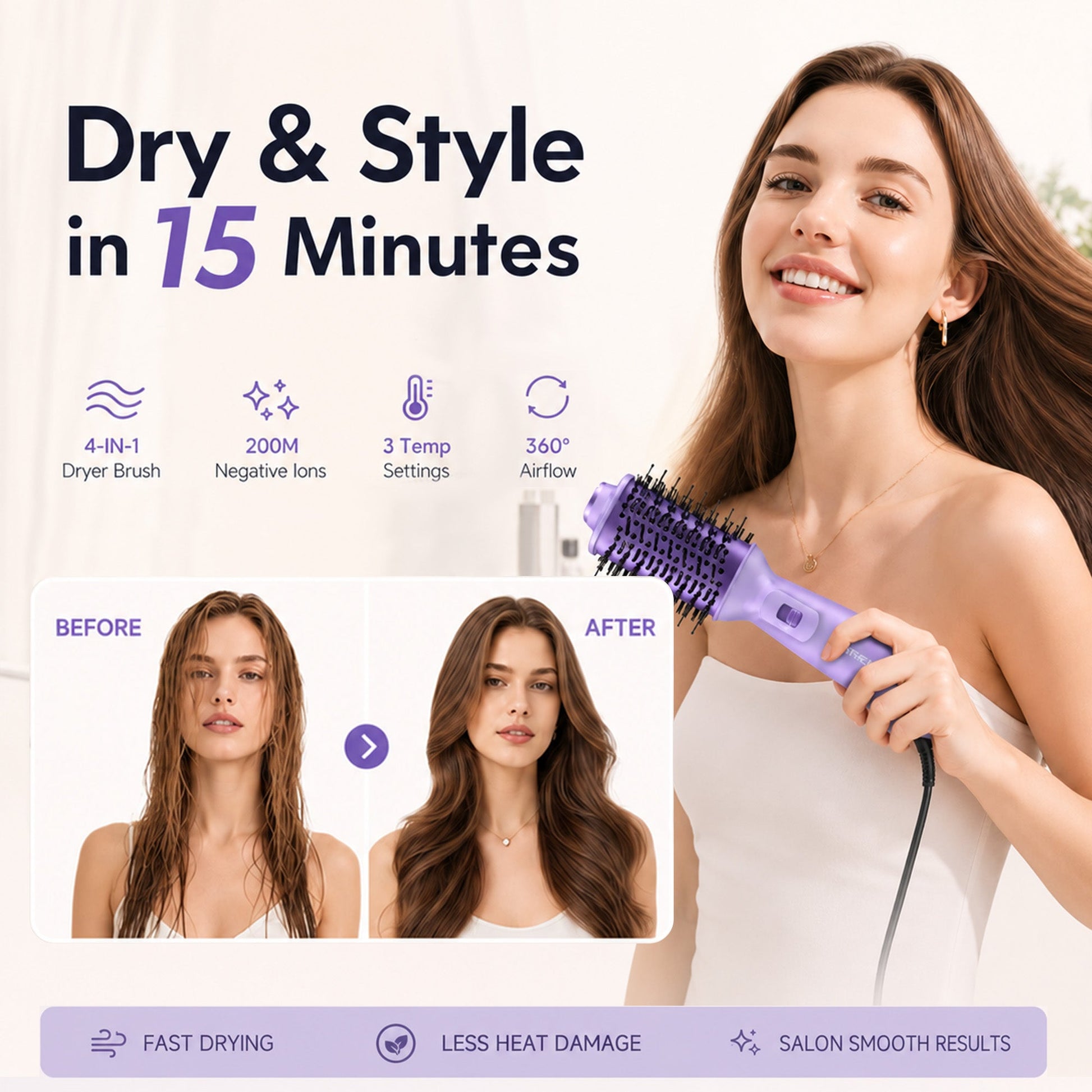 Purple 4-in-1 Travel Hair Dryer Brush