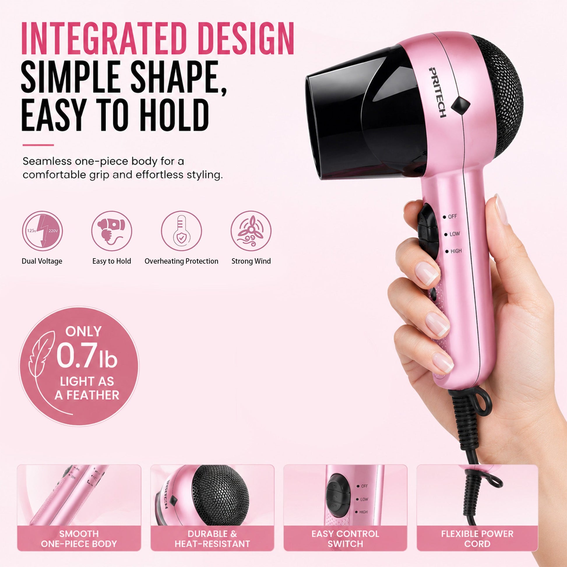 Travel Hair Dryer with Dual Voltage and Rotating Nozzle