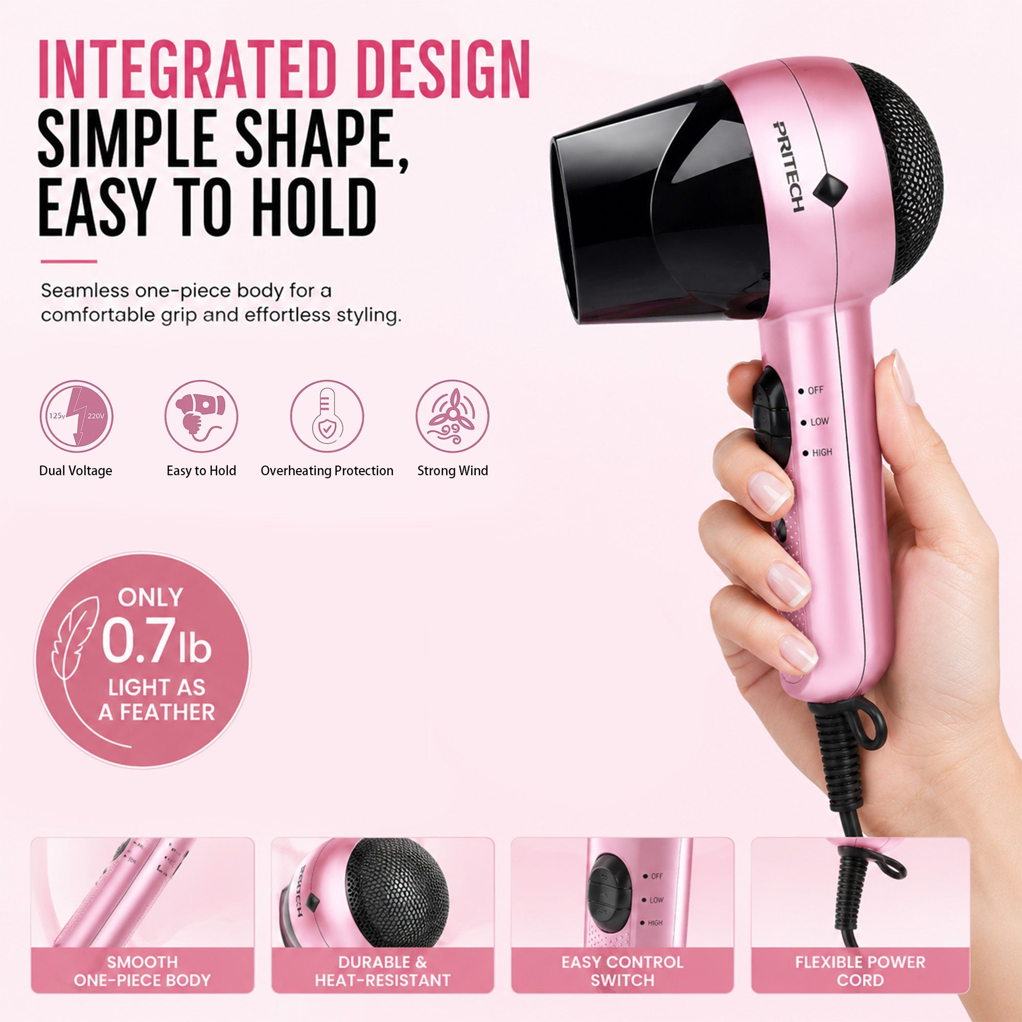 Travel Hair Dryer with Dual Voltage and Rotating Nozzle