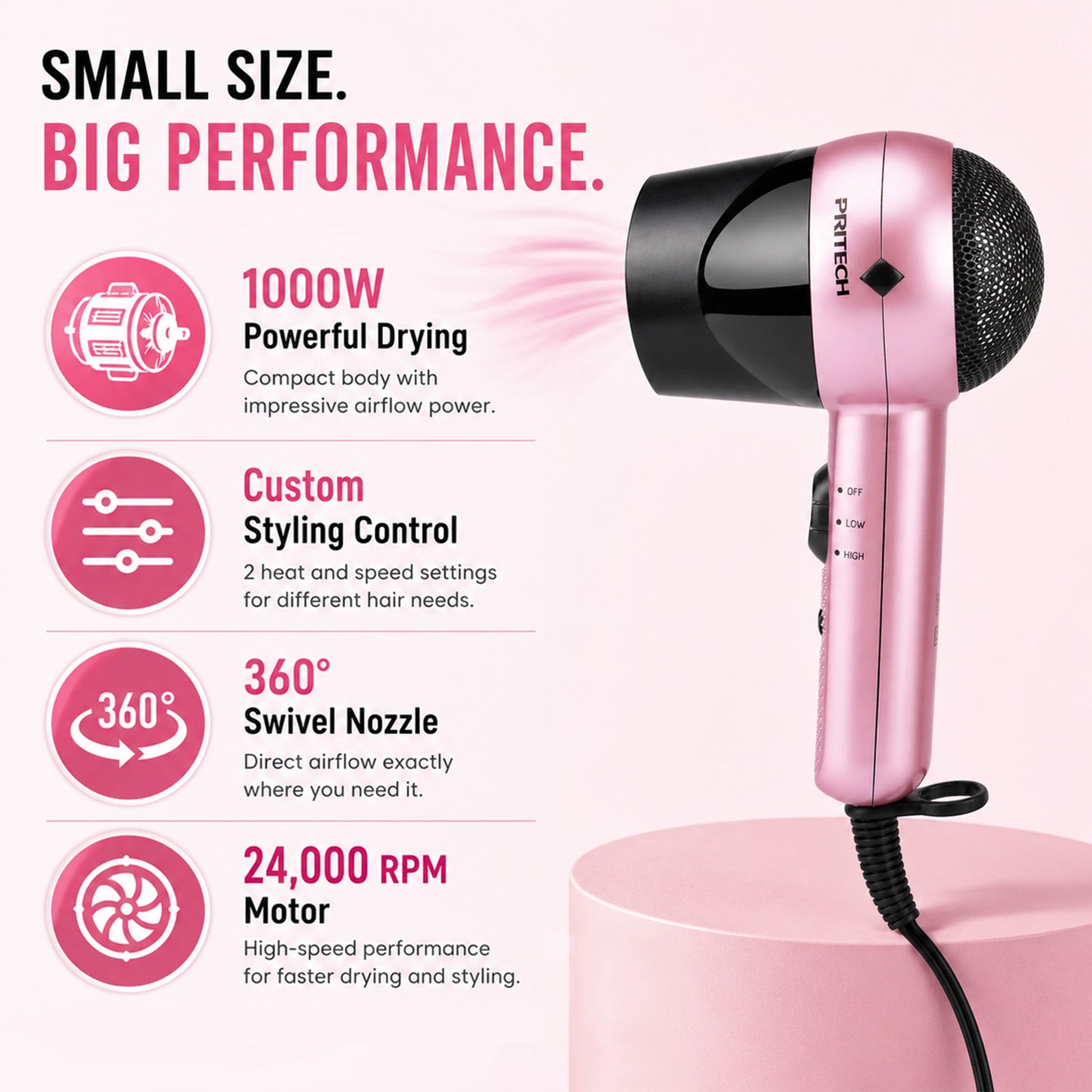 Travel Hair Dryer with Dual Voltage and Rotating Nozzle