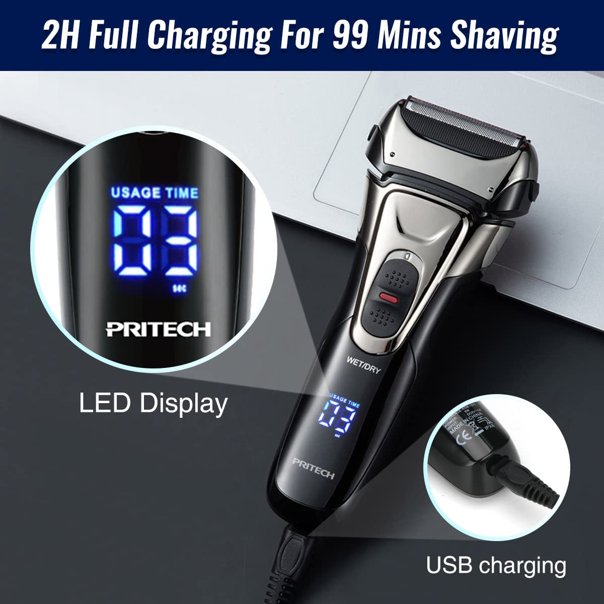 foil-shaver-for-men-rsm-1577-2h full charging for 99mins shaving,LED display,USB charging